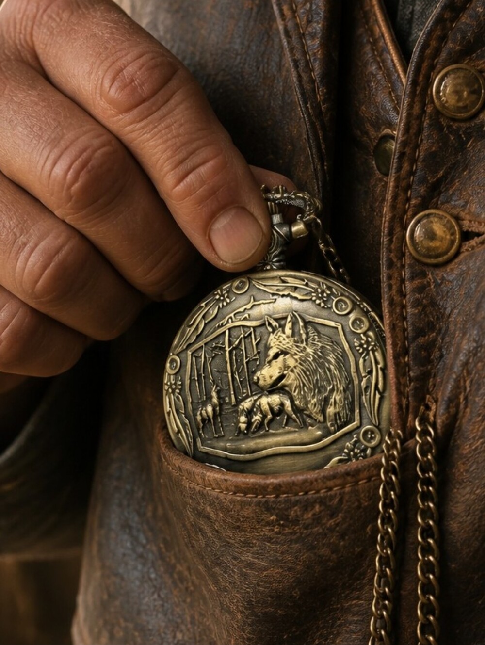 Steampunk Viking Wolf Pocket Watch Antique Bronze Norse Engraved Quartz Chain